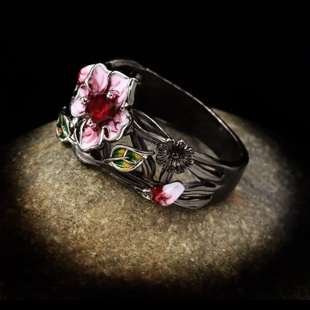 Jewelry ring band flower floral pink red stone black fashion beautiful new